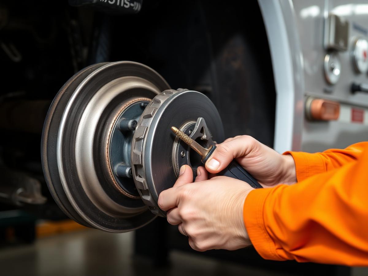 Mechanic servicing commercial truck brake assembly